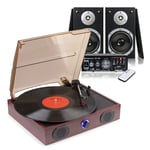 Mahogany LP Vinyl Record Player, Home Hi-Fi Stereo Speakers & Amplifier USB/FM