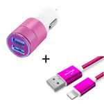 Pack Chargeur Voiture Pour Iphone 11 Pro Max Lightning (Cable Metal Nylon + Double Adaptateur Prise Allume Cigare) Apple - Rose