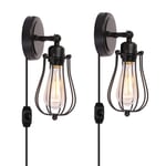 Wall Lamps Set, Industrial Wire Cage Sconces with Plug and Dimmable Switch, Black Vintage Plug in Wall Lights for Bedroom Living Room Hallway Bar,2Pack