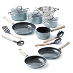 GreenPan, Mayflower Ceramic Non-Stick Cookware Set - 16 Pieces, Sky Blue