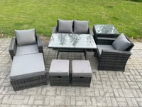 Rattan Wicker Garden Furniture Patio Conservatory Sofa Set with Rectangular Dining Table Armchair 3 Footstools Side Table
