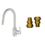 GROHE Feel & UK Adaptors - Kitchen Sink Tap Mixer with Pull-Out Dual Spray (High Spout, 360° Swivel Range, 35 mm Ceramic Cartridge, Tails 3/8 Inch, Easy to Install), Size 381 mm, Supersteel, 31486DC1