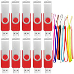 10 Pack 1GB Memory Sticks USB Flash Drive - Swivel 1 GB USB 2.0 Stick Red Bulk Portable Multipack Pen Drives - FEBNISCTE Value Pendrive Data Storage Jump Drive with 10pcs Lanyards for Family