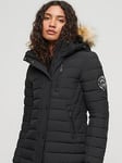 Superdry Fuji Hooded Longline Puffer Coat - Black, Black, Size 10, Women