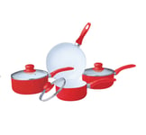 Red Ceramic Saucepan Set 7 Piece Non Stick Cooking Pans With Lid & Frying Pan