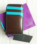 TED BAKER Tan Brown Aqua Blue Leather ZIPPED CARD HOLDER Cardholder NEW Ted34