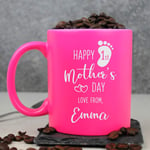 eBuyGB Happy First Mother's Day Mug, Personalised Coffee Mug, Cute Mum Mug, 1st Mothers Day Gift from Baby, Son, Daughter, 310ml Neon Coffee Cup (Pink)