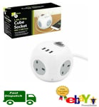 3 Way Power Cube Socket with 3 USB Ports & 1.4M Electric Extension Lead 