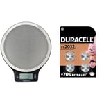 Amazon Basics Digital kitchen scales with LCD display (with batteries), Black and Stainless Steel & DURACELL 2032 Lithium Coin Batteries 3V (4 Pack) - Up to 70% Extra Life - Baby Secure Technology