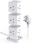 Tower Extension Lead 13 Way, KOOSLA [𝟯𝟬𝗪 𝗣𝗗] Surge Protection Vertical Power Strip with 1 USB-C & 2 USB Slots, Multi Plug Extension, 1.8 Metre Extension Cable, White