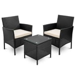 Crafteam Rattan Wicker Garden Furniture Set, 3 Piece Includes Two Chairs and One Glass Table,Patio Outdoor,Black