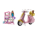 Barbie Maison De Rêve, 3 Niveaux, avec 8 Pièces Dont Une Piscine, Un Toboggan & Mobilier Scooter, Moto Rose pour poupées, fournie avec Casque et Panier Jaune et Figurine de Chien