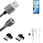 Data charging cable for + headphones Oppo Reno7 4G + USB type C a. Micro-USB ada