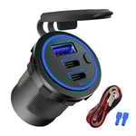 12V USB-uttag 58W Dubbel PD USB-C-port Snabbladdning 3.0 USB-laddare Uttag Vattentät Strömuttag med Strömbrytare för Bil Båt Blue with wire