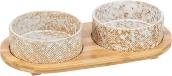 Matbar, keramik/bambu, 2 × 0.3 l/ø 12 cm/30 × 6 × 15 cm, vit/ecru