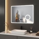 Miroir de salle de bain lumineux avec Anti-buée 80x60cm Miroir Mural led avec horloge, 3x Loupe et Commutateur Tactile - Meykoers