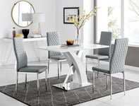 Atlanta White High Gloss and Chrome 4 Seater Dining Table with X Shaped Legs and 4 Faux Leather Milan Chairs