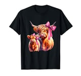 Cute Baby Scottish Highland Cow and Calf Pink Coquette T-Shirt