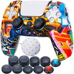9CDeer 1 Piece of Silicone Transfer Print Protective Cover Skin + 10 Thumb Grips for Playstation 5 / PS5 / Dualsense Controller Cartoon Paints