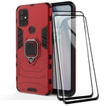 TANYO Case + Screen Protector [Pack of 2] for OnePlus Nord N10 5G, TPU C Hybrid Shockproof Armor Bumper Mobile Phone Case [360° Kickstand] with Tempered Glass Screen Protector, Red