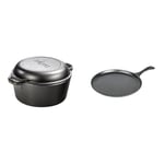 Lodge L8DD3 4.73 litre / 5 quart Pre-Seasoned Cast Iron Double Dutch Oven (with Loop Handles), Black & 26.67 cm / 10.5 inch Pre-Seasoned Cast Iron Round Griddle/Pancake Pan, Black