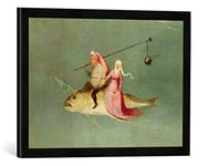 'Encadré Image de Hieronymus Bosch "The Temptation of St. Anthony, RIGHT HAND Panel, detail of a couple Riding A Fish, d'art dans le cadre de haute qualité Photos fait main, 60 x 40 cm, noir mat