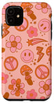 Coque pour iPhone 11 Retro Preppy Groovy Smile Face Fleur Peace en Rouge Rose