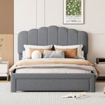 Cadre de lit tapissé avec un tiroir et une tête de lit, 140 x 200 cm, lit double, sommier à lattes en bois, cadre de lit double en tissu Teddy - Gris