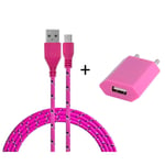 Pack Chargeur pour Manette Playstation 4 PS4 Smartphone Micro USB (Cable Tresse 3m Chargeur + Prise Secteur USB) Murale Android (ROSE BONBON) - Neuf