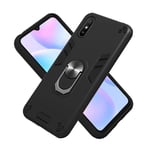 HAOTIAN Case for Xiaomi Redmi 9AT / Redmi 9A, Hybrid Armor Defender Dual Laye Anti-Scratch Kickstand & Flexible Ring Grip, Military Grade Shockproof Thin Silicone Hard Phone Cover, Black