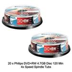20 Philips DVD+RW 4.7GB Disc 120Min 4x Speed Spindle Tub Rewritable Blank Discs