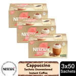 Nescafe Gold Instant Coffee Sachets 150 Unsweetened Cappuccino Low Sugar, 3 Pack