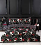 Rapport Home Black Duvet Cover Set with Skulls & Roses, Halloween Themed Microfibre Double Bedding Set