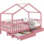 Lit cabane elea lit enfant simple montessori 90 x 200 cm, avec 2 tiroirs de rangement, en pin massif lasuré rose - Rose