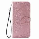 Fertuo Case for Moto G8 Power, Premium Leather Flip Wallet Case with [Card Slots] [Kickstand] [Hand Strap] Mandala Flower Embossed Shockproof Cover Case for Motorola Moto G8 Power, Rosegold