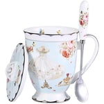 Tech Euro Style Porslin Te-kopp Kaffe Mugg med Lock för Frukost Hem Kök ((Ros och Klänning Mönster) (Blå)) B