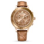 Swarovski Lux Chronograph Watch, Brown Leather Strap, Gold Tone Sunray Dial and Crystal Details, from the Octea Collection