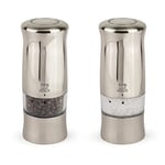 PEUGEOT - Zeli 14 cm Electric Salt And Pepper Mill Set - With Lighting - Black Pepper + Rock Salt Included - Made In France - 6 Batteries + Replacement Bulb - Stainless Steel Colour