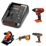 BLACK+DECKER 14.4-18 V Lithium-Ion 1 A Fast Charger, 18 V Lithium-Ion Impact Driver, Hammer Drill, Reciprocating Saw, Circular Saw, Drill Driver and Pendulum Jigsaw Bare Unit (Battery not Included)
