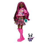 Barbie Doll with Pet Panda, Barbie Extra, Kids Toys, Clothes and Accessories, Pink-Streaked Brunette Hair, Graphic Hoodie and Plaid Skirt, HKP93