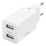 USB-väggladdare  med dubbla USB-A portar 2.4A vit