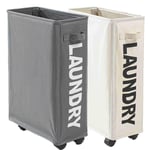 Nbrand Laundry Basket slim foldable Laundry Sorter Bag Hamper Washing Dirty Clothes bin small on Wheels with Lid (Grey & White, Set 2)