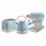 Dome Kettle, Toaster & Espresso Coffee Machine Set, Blue Vintage Style, Ariete