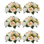 Pcs of 6 Fake Flower Ball Arrangement Bouquet,15 Heads Plastic Roses with Base, Suitable for Our Store's Wedding Centerpiece Flower Rack for Parties Valentine's Day Home Décor (Champagne & White)