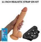 Dildo Sex Toy Big 11 Inch Real Feel Flesh STRAP-ON/PEGGING KIT Black Harness