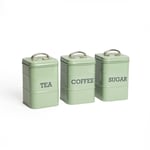 3pc English Sage Green Kitchen Storage Set with Stainless Steel Tea, Coffee and Sugar Canisters