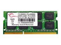 G.Skill SQ Series - DDR3 - modul - 4 GB - SO DIMM 204-PIN - 1066 MHz / PC3-8500 - CL7 - 1,5 V - ikke bufferet - ikke-ECC