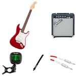 Fender Squier Debut Stratocaster Electric Guitar Kit for Beginners, includes Amplifier, Cable, Strap, and Tuner, Dakota Red