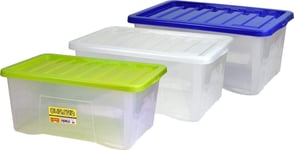 Sterling Ventures Set of 3 Large Storage Boxes with Lids Clear Transparent 3 Colours (3x 50L)
