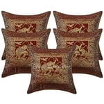 Stylo Culture Brocade Bohemian Bedroom Cushion Covers Brown 40 x 40cm Elephant Scatter Cushions For Sofa Jacquard Weave Home Decoration 16 x 16 Inches Throw Pillows Soft (Set Of 5)
